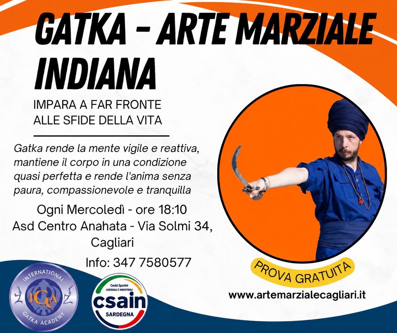 Ripresa corso di Gatka a Cagliari 2026/2027 Locandina del corso di Gatka a Cagliari con l’insegnante in posizione marziale; lezioni dal 7 ottobre, ogni mercoledì alle 18:10